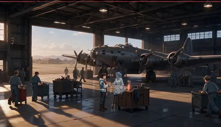 Aircraft and ground crews fill a sunlit hangar. Sample 1 · frame 0156.