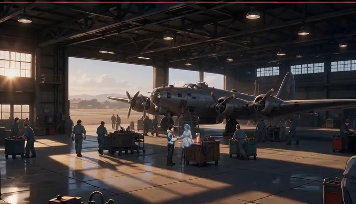 Aircraft and ground crews fill a sunlit hangar. Sample 2 · frame 0192.