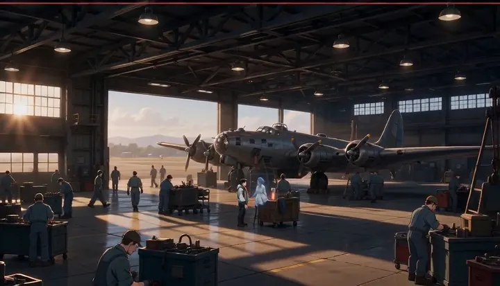 Aircraft and ground crews fill a sunlit hangar. Sample 3 · frame 0228.