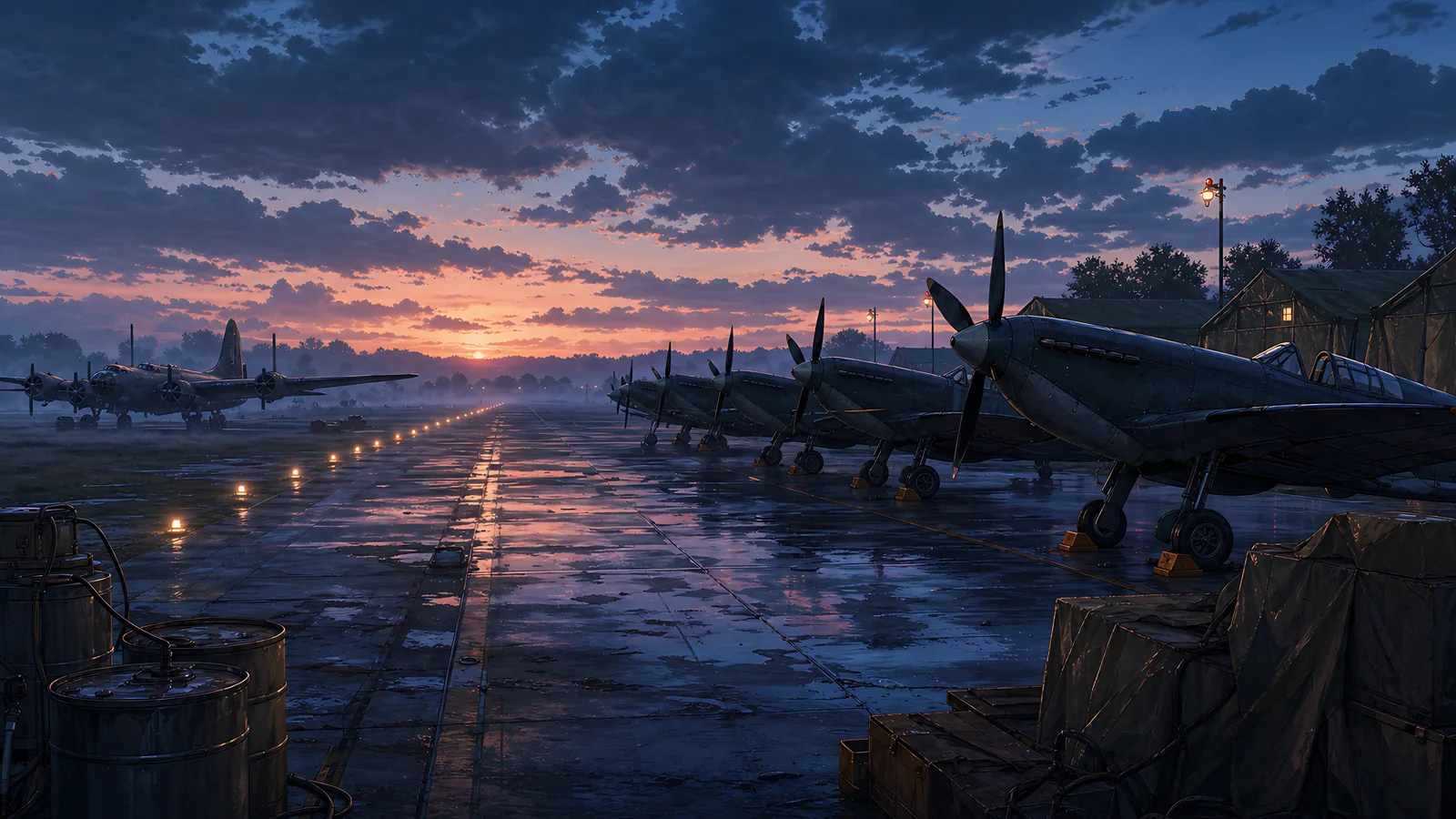 Parked fighters line a rain-dark runway as sunrise reaches the horizon.