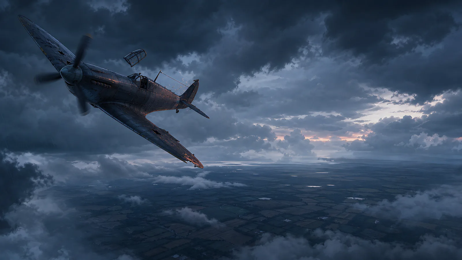 A fighter banks through dark clouds above a distant landscape.