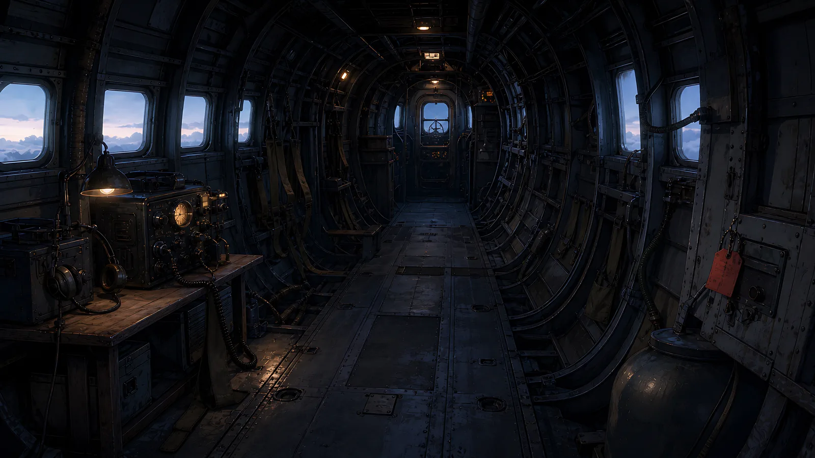 Work lights pick out the narrow passage and equipment inside an empty bomber.