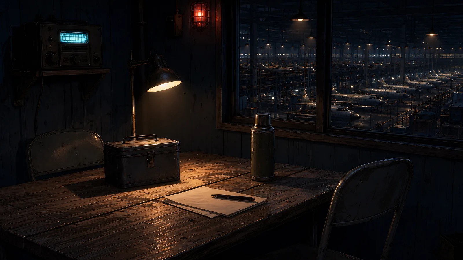 A letter, thermos, and empty chair wait beside a window overlooking the night shift.