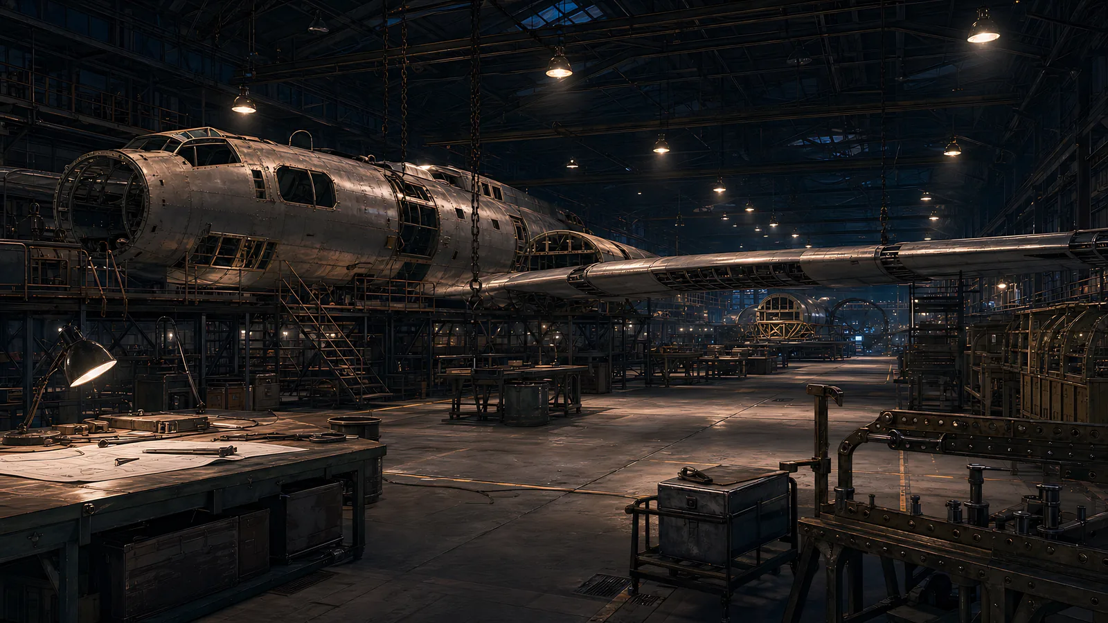 An unfinished bomber rests above worktables and tools under hangar lights.