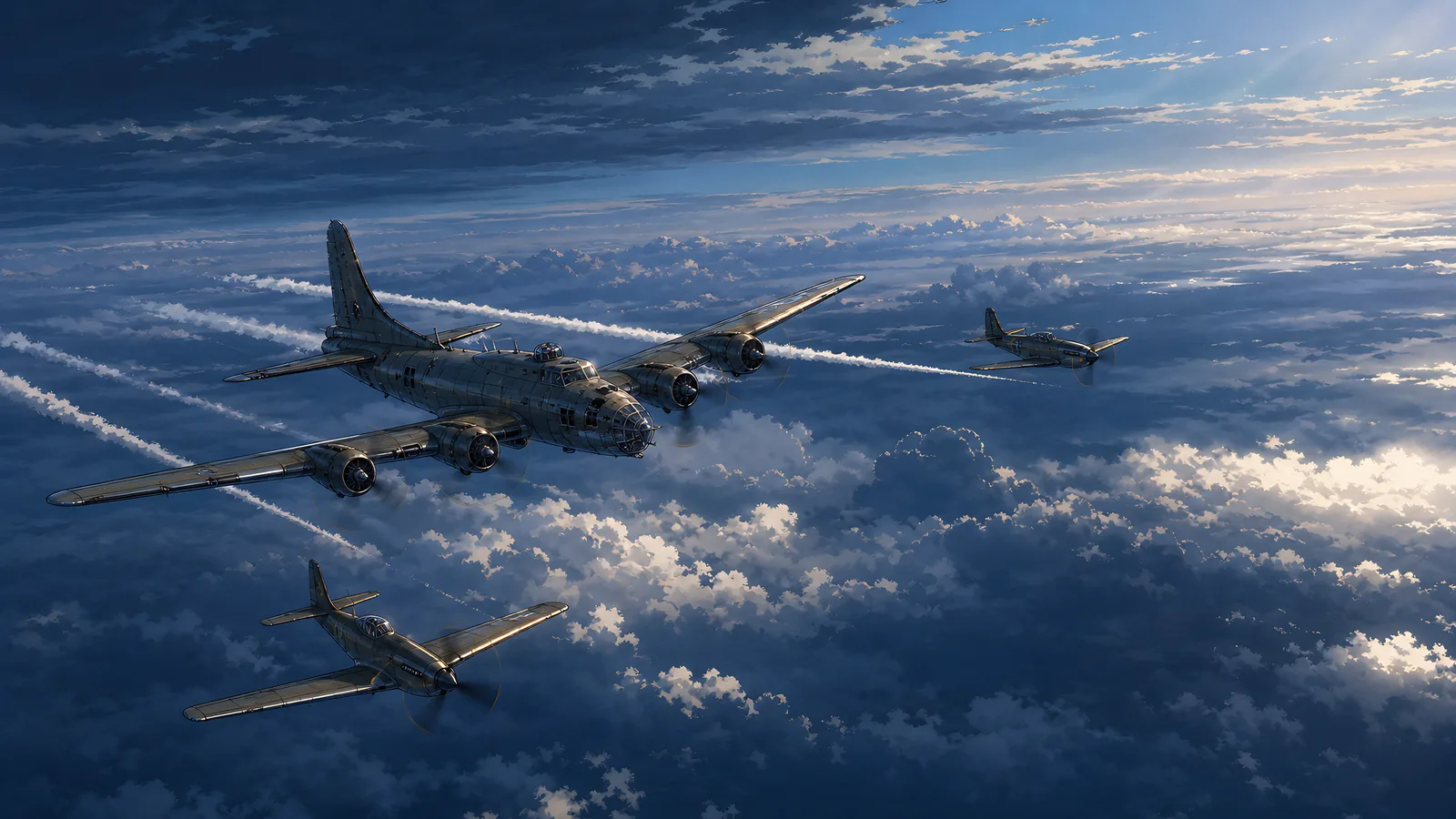 A bomber formation crosses a bright cloud deck with fighter escorts.