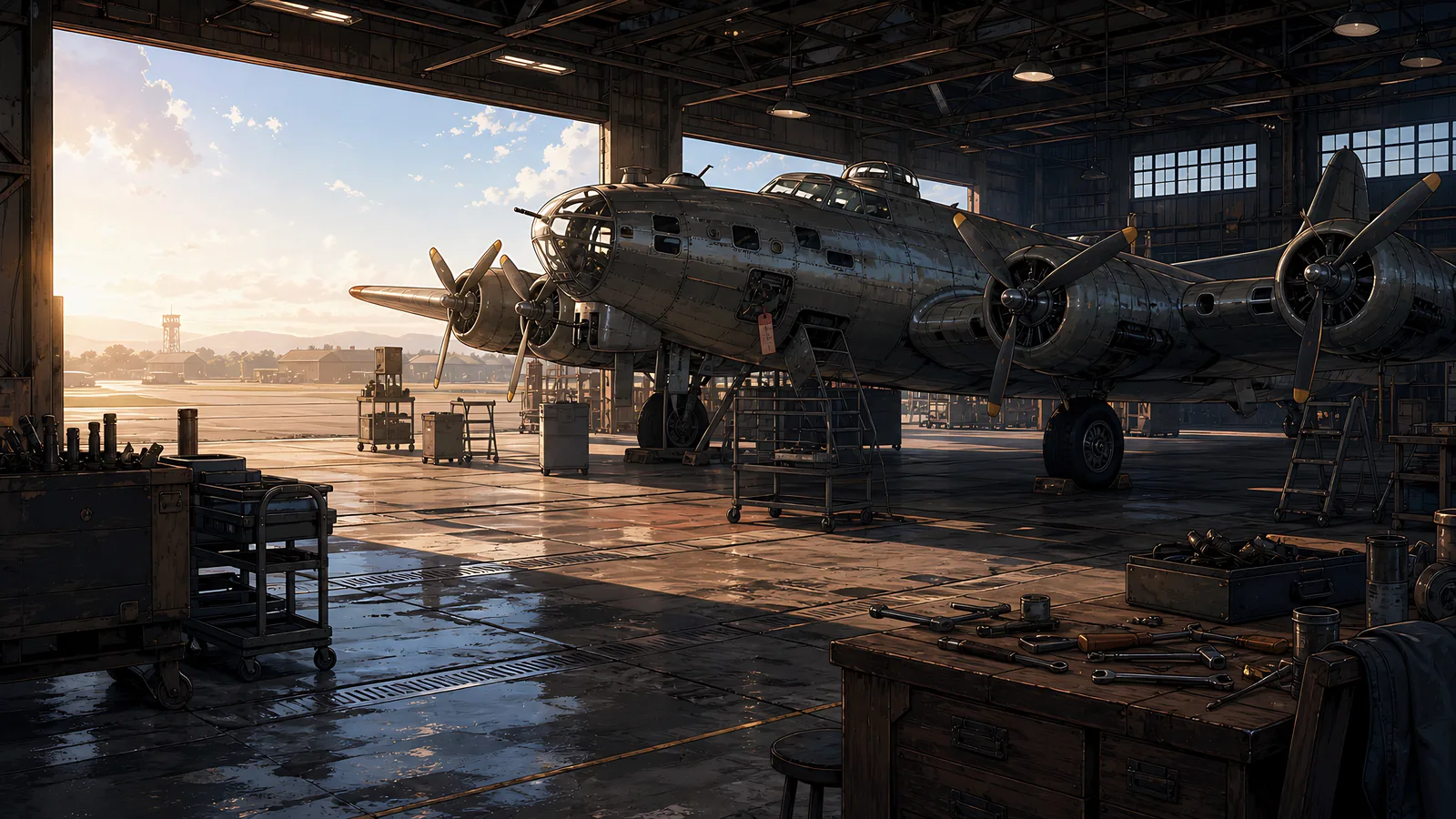 Warm sunlight enters a hangar where a bomber stands among carts and worktables.