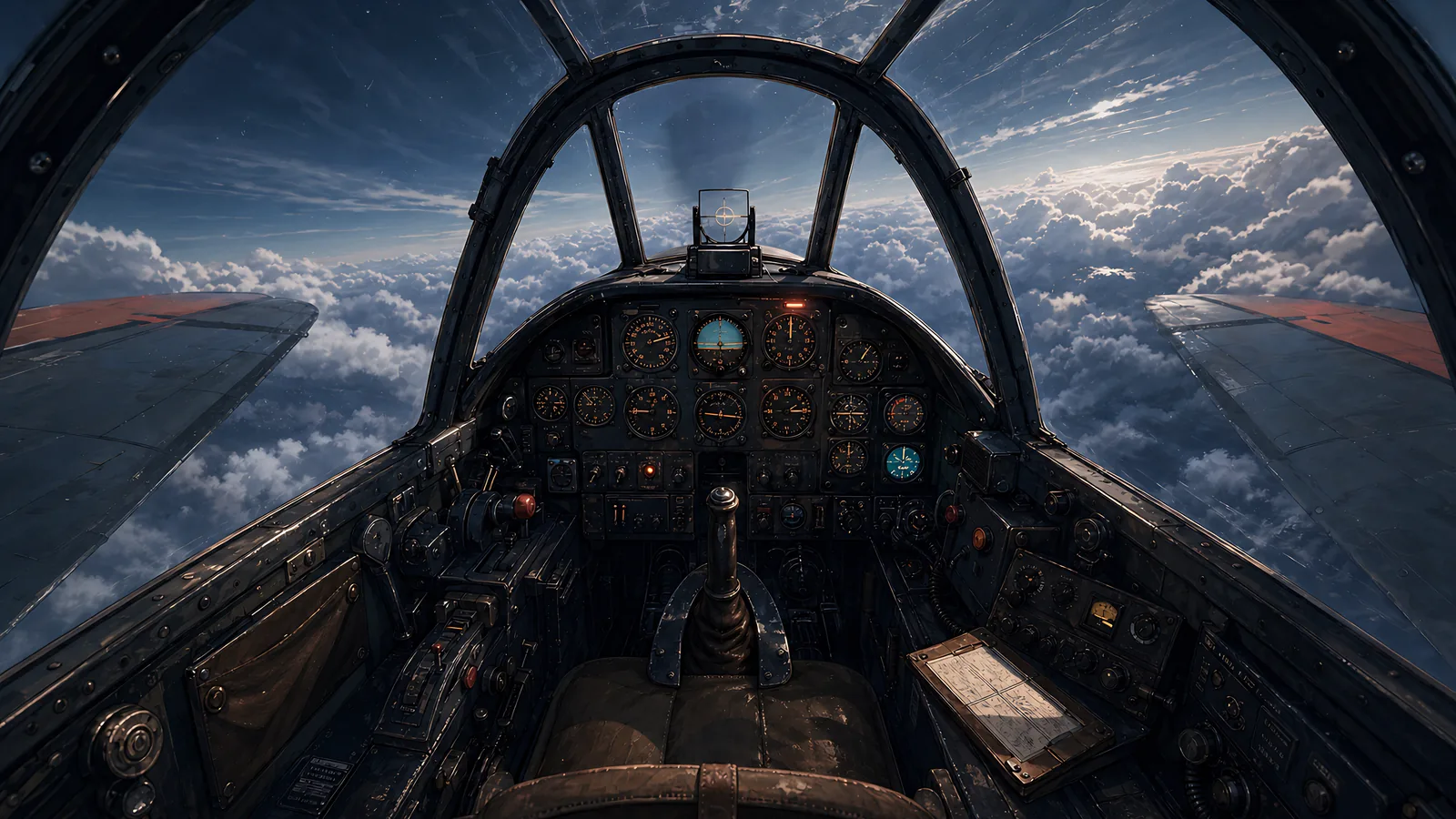 The canopy frames a fighter instrument panel above a layered cloud deck.