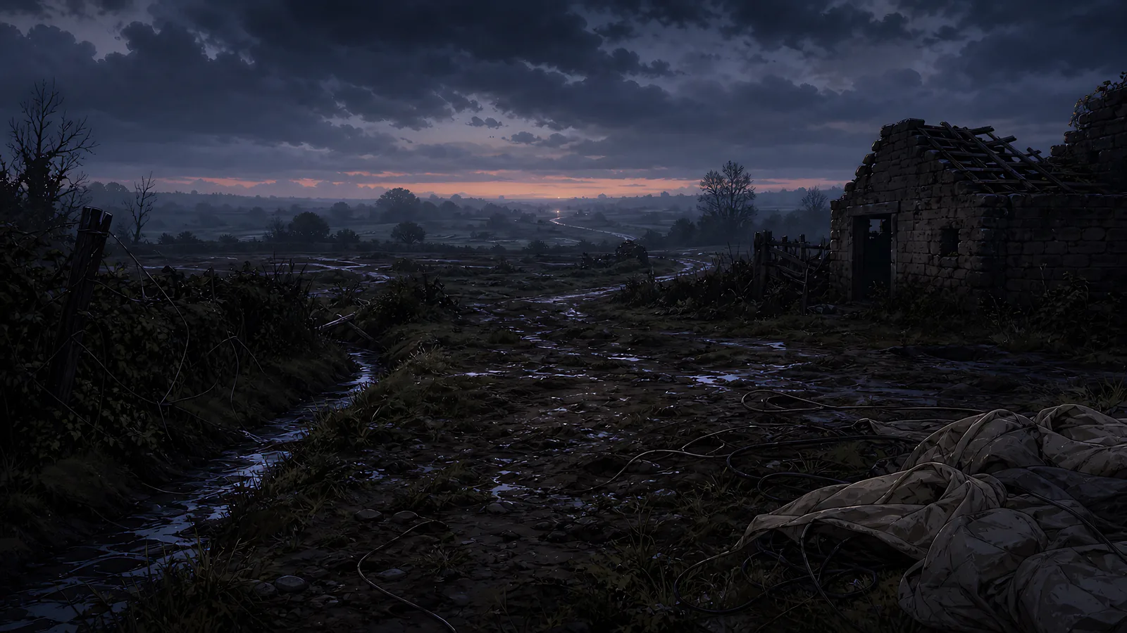 A muddy track crosses an empty field toward a damaged stone building at dusk.
