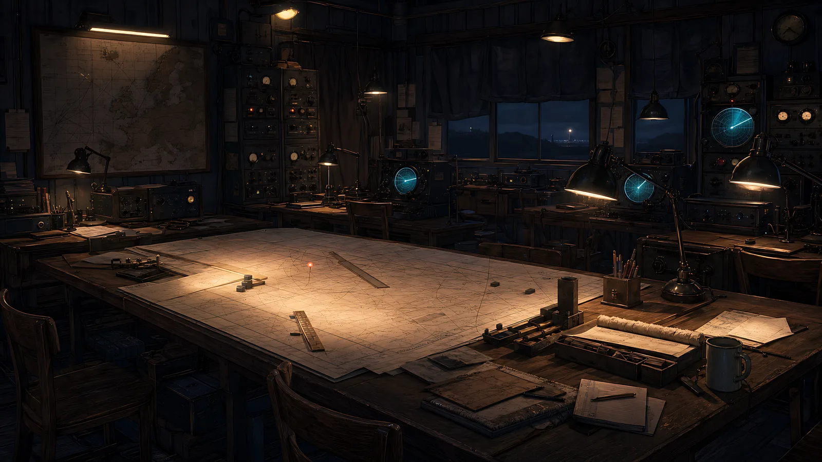 Maps, markers, lamps, and glowing displays cover an empty plotting room.