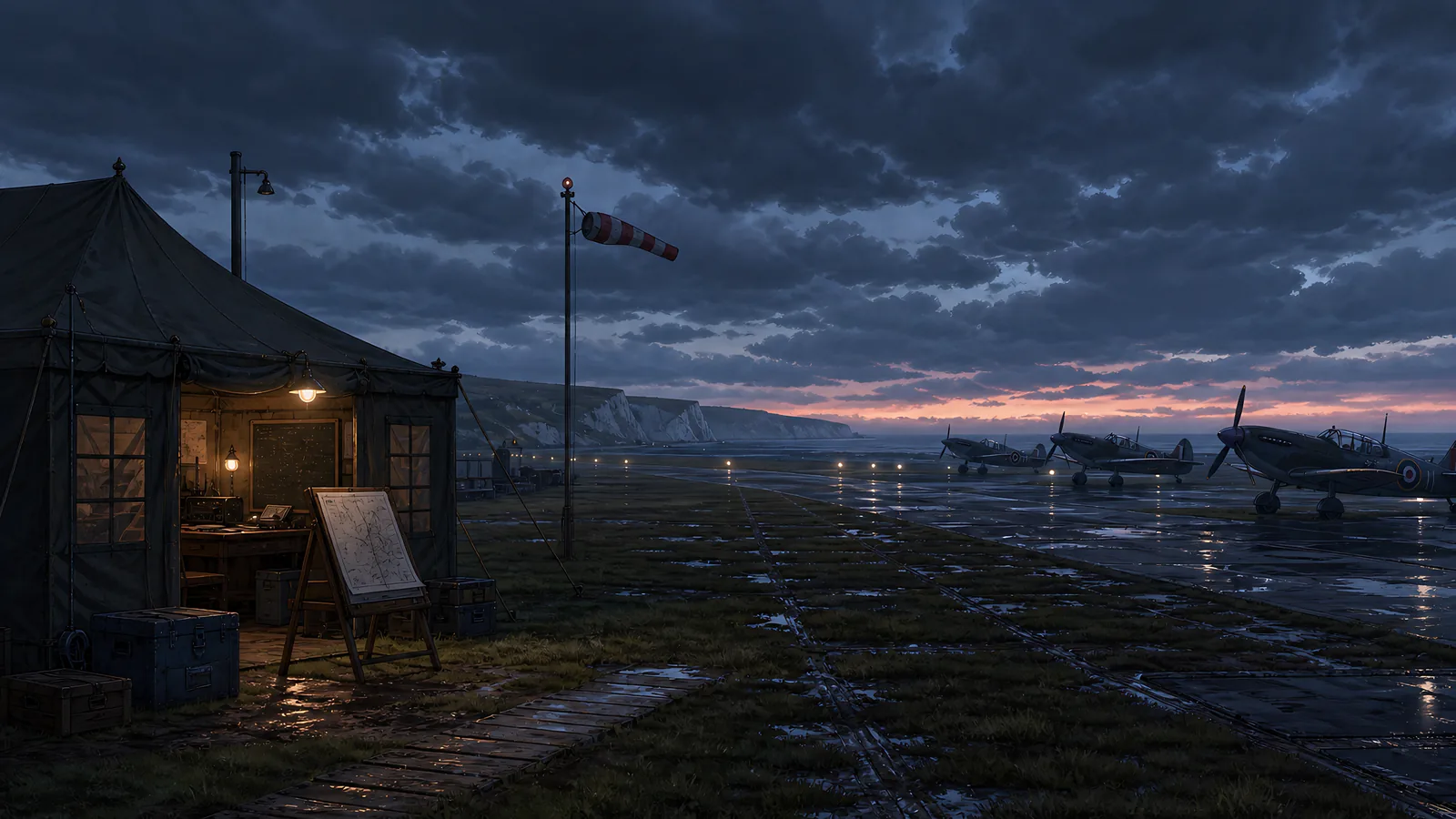 A lit operations tent faces parked aircraft beneath a heavy evening sky.