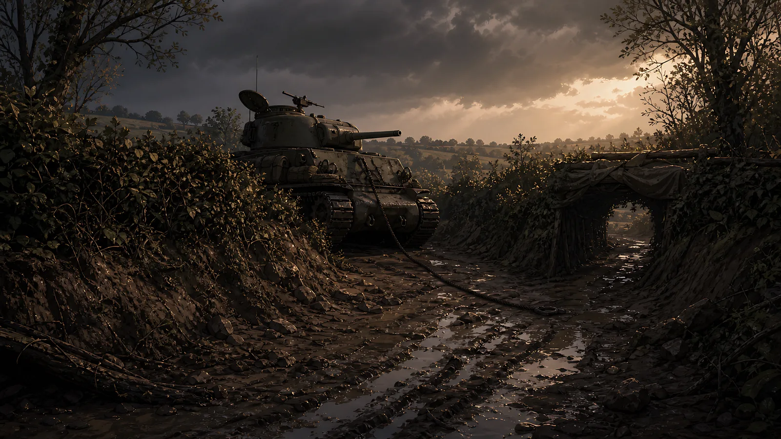 A tank pauses on a rutted road beside a stone culvert after rain.
