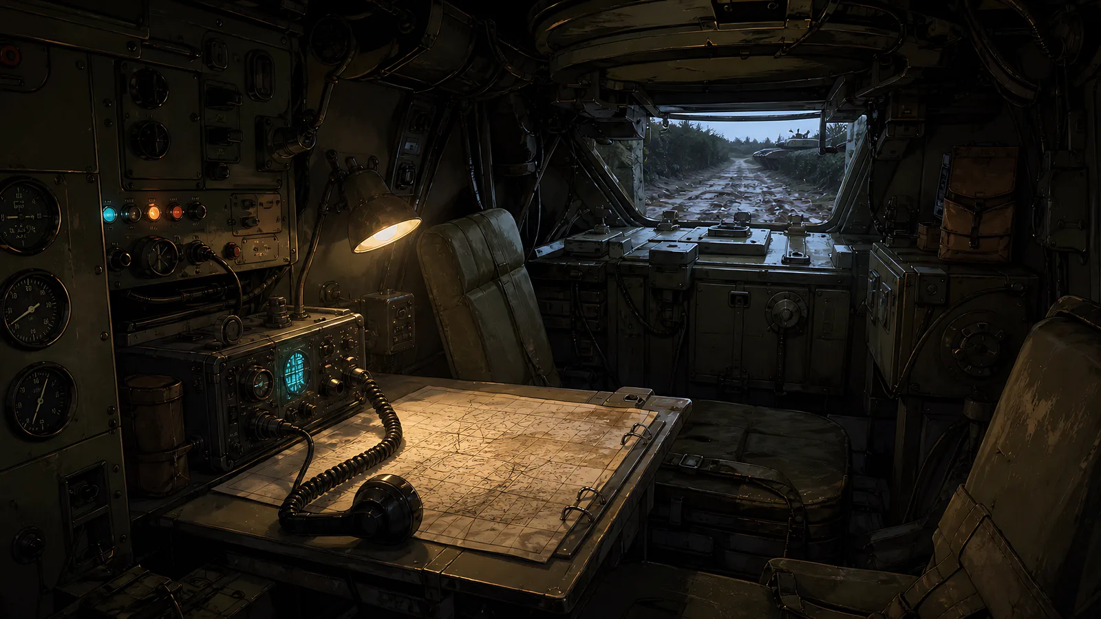 A map, radio, and field telephone fill the cramped interior of an armored vehicle.