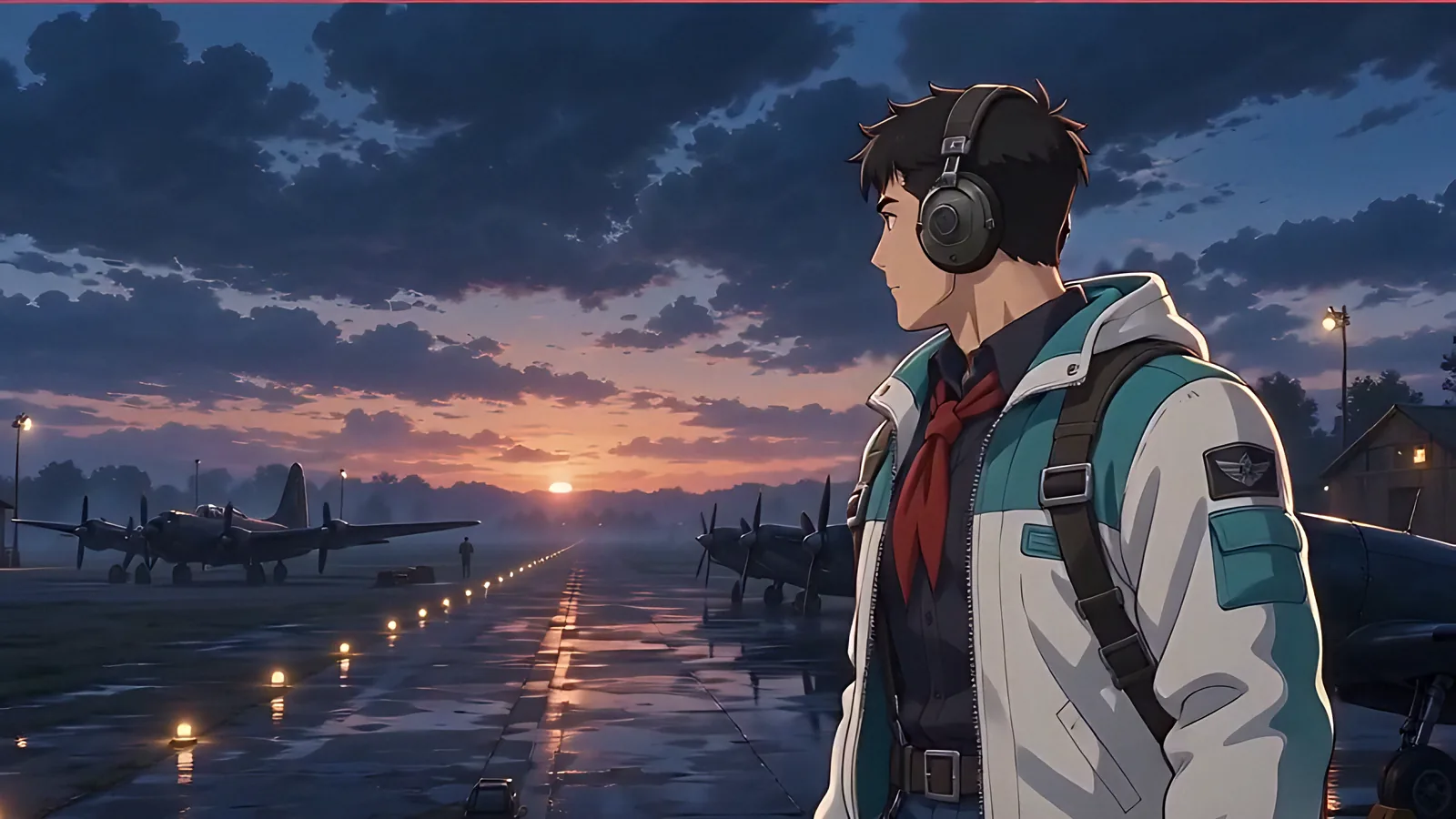 A crew member watches sunrise break over a wet airfield.