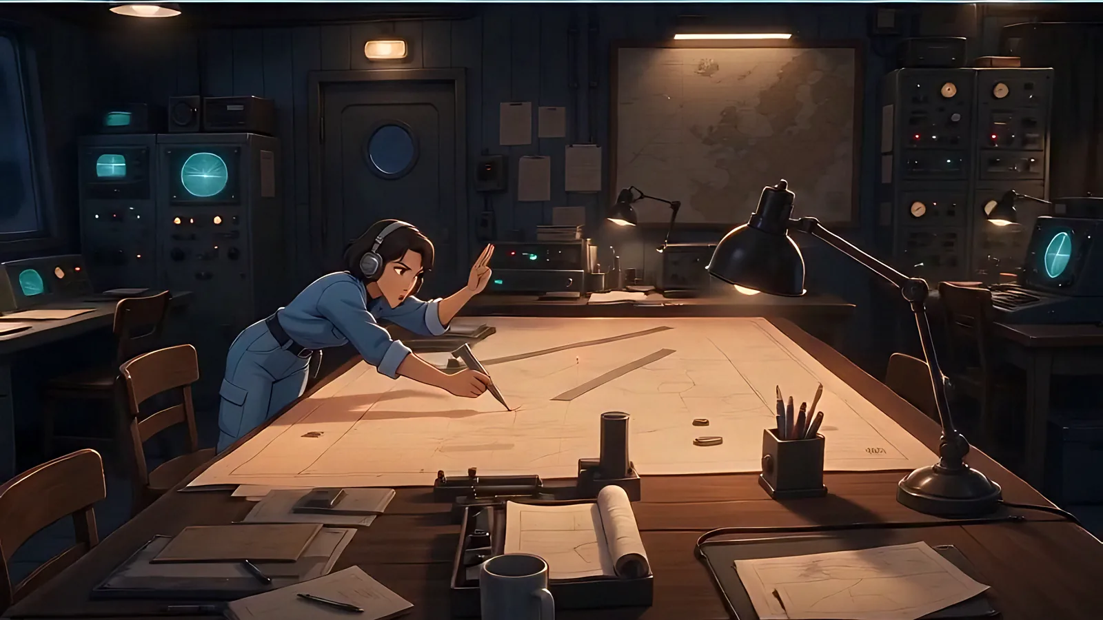 A worker marks a large plan across a table in a communications room.
