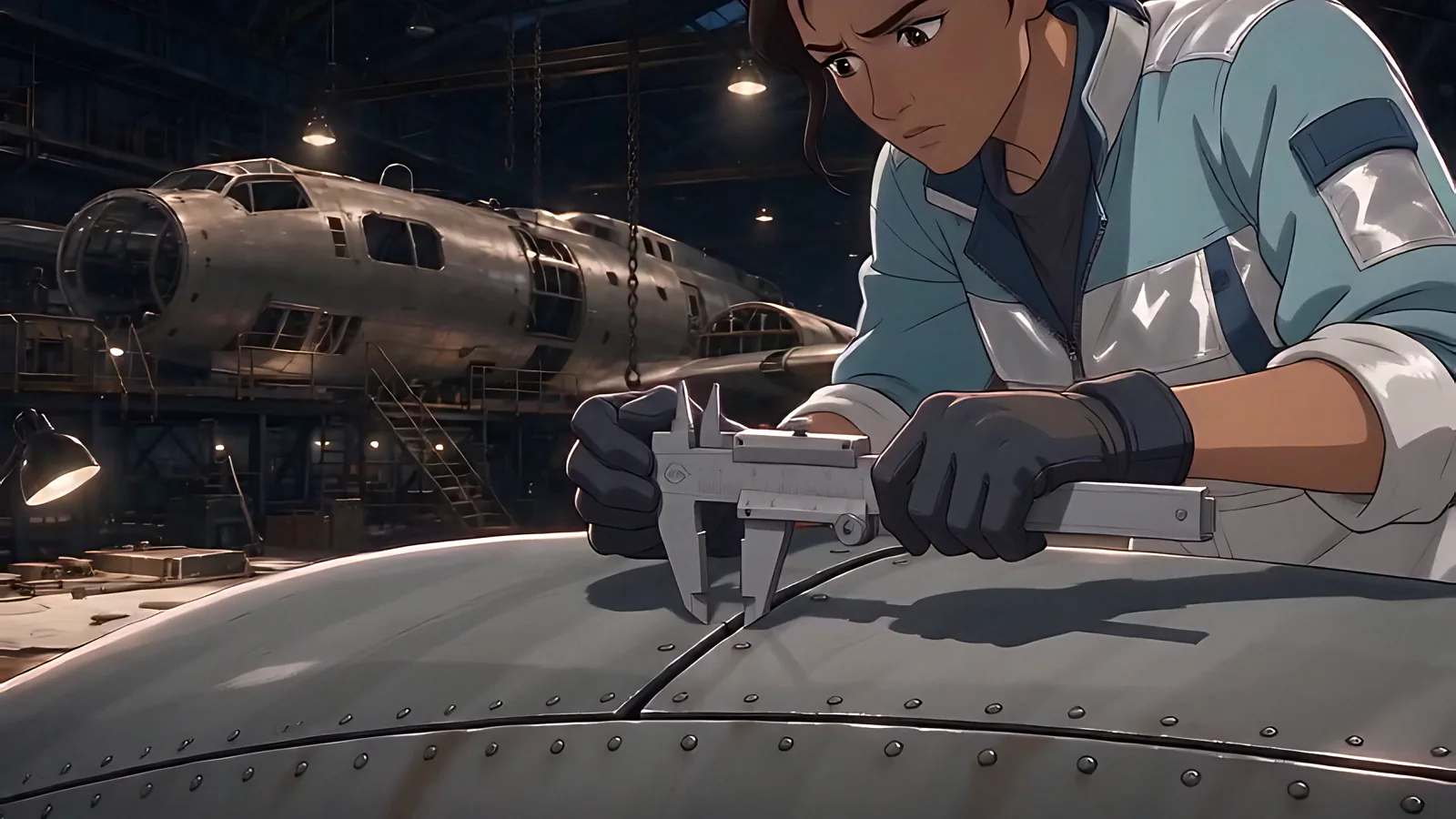 A worker runs a tool across the riveted skin of a bomber wing.
