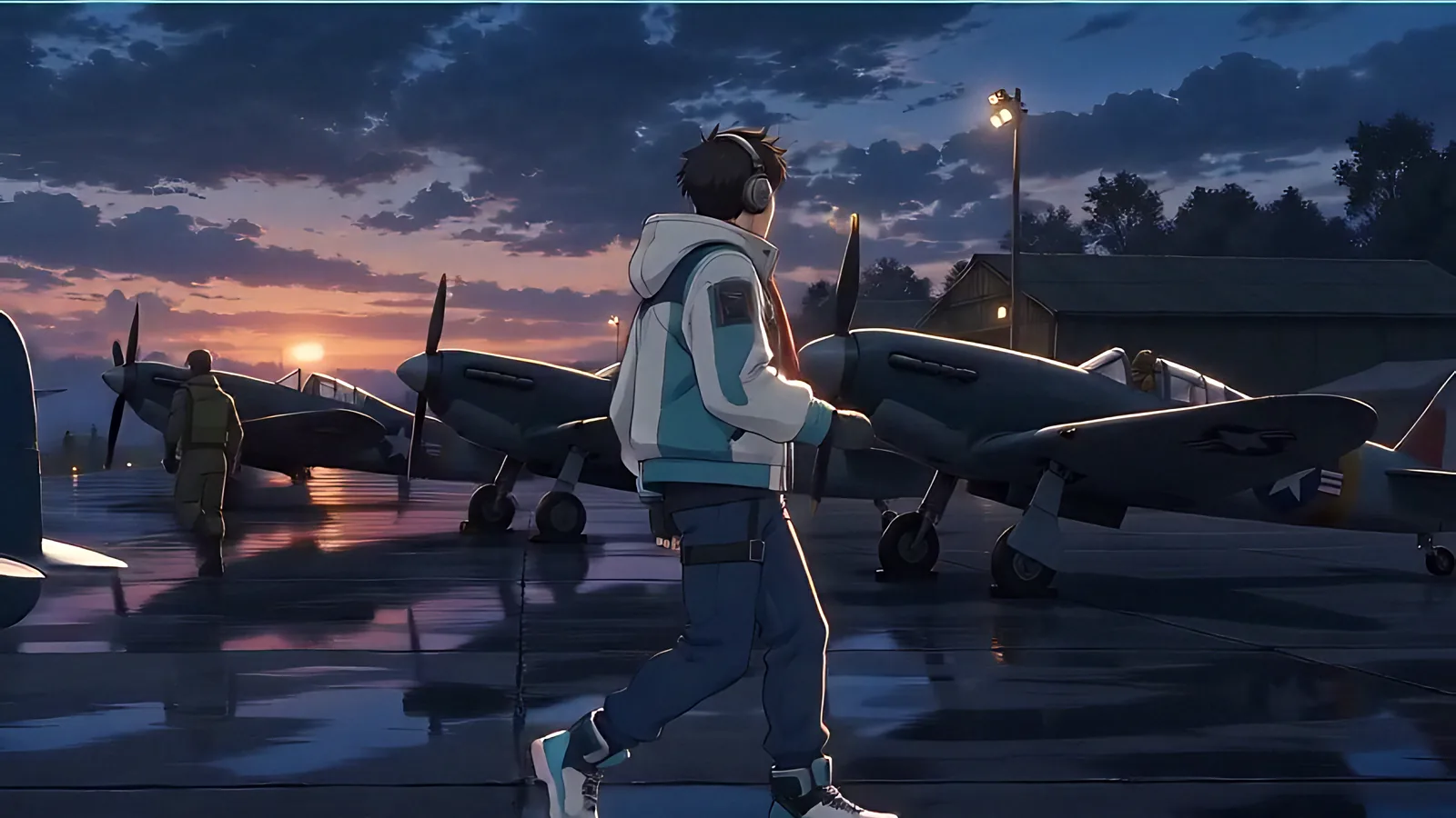 A crew member walks toward parked fighters at sunrise.