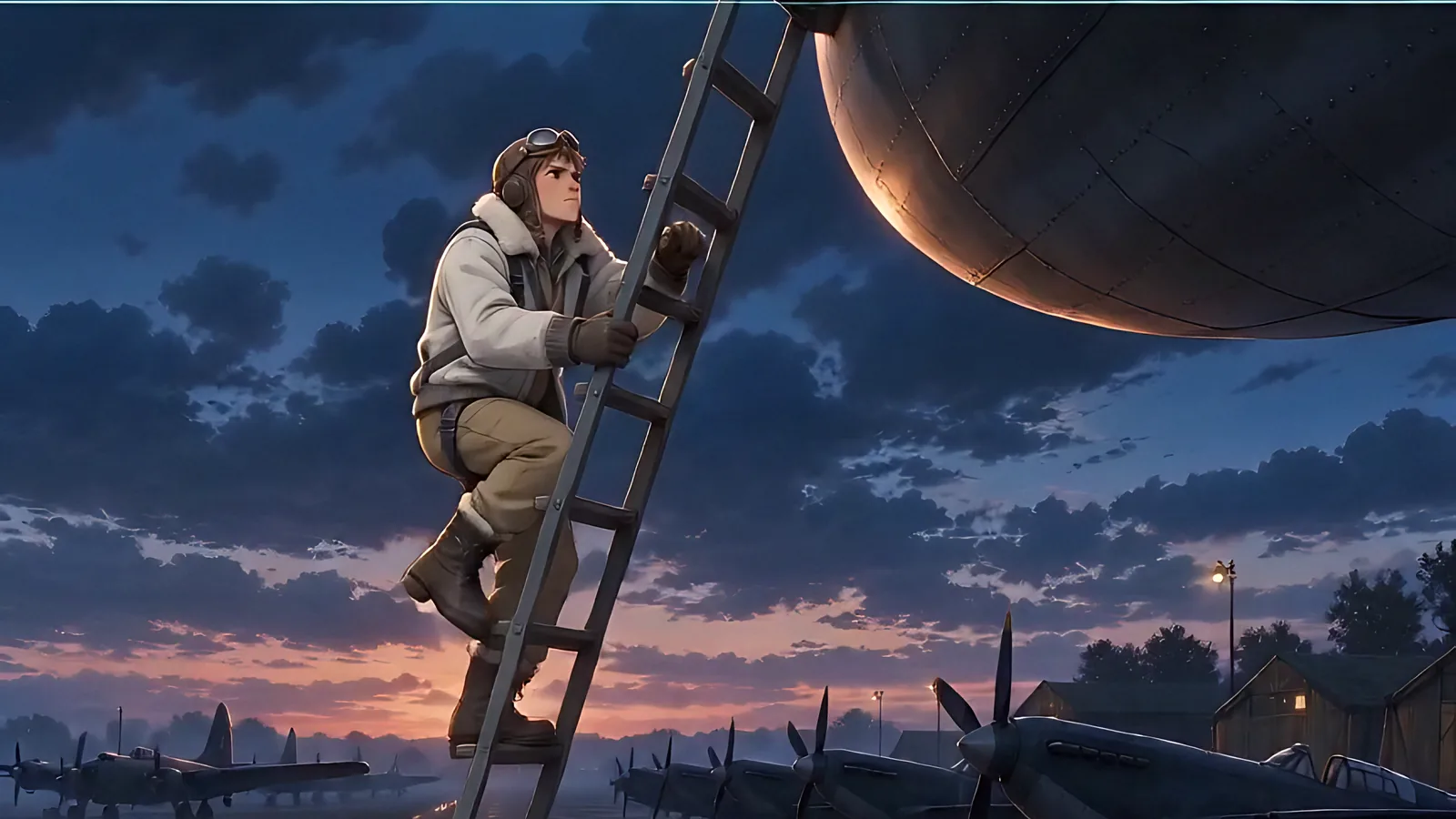 A crew member climbs a ladder into a bomber.