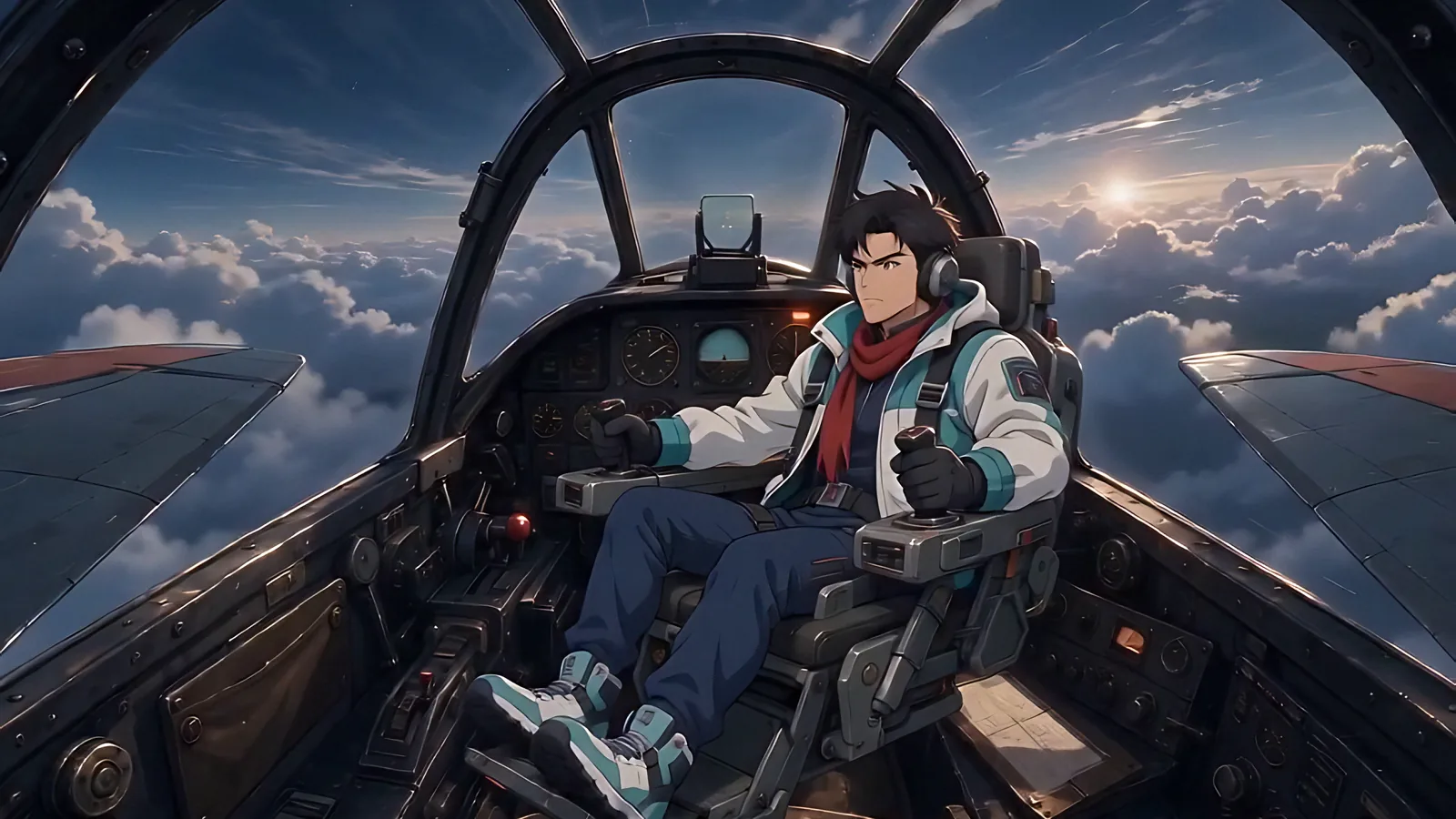 A pilot sits under the fighter canopy above a bright cloud deck.