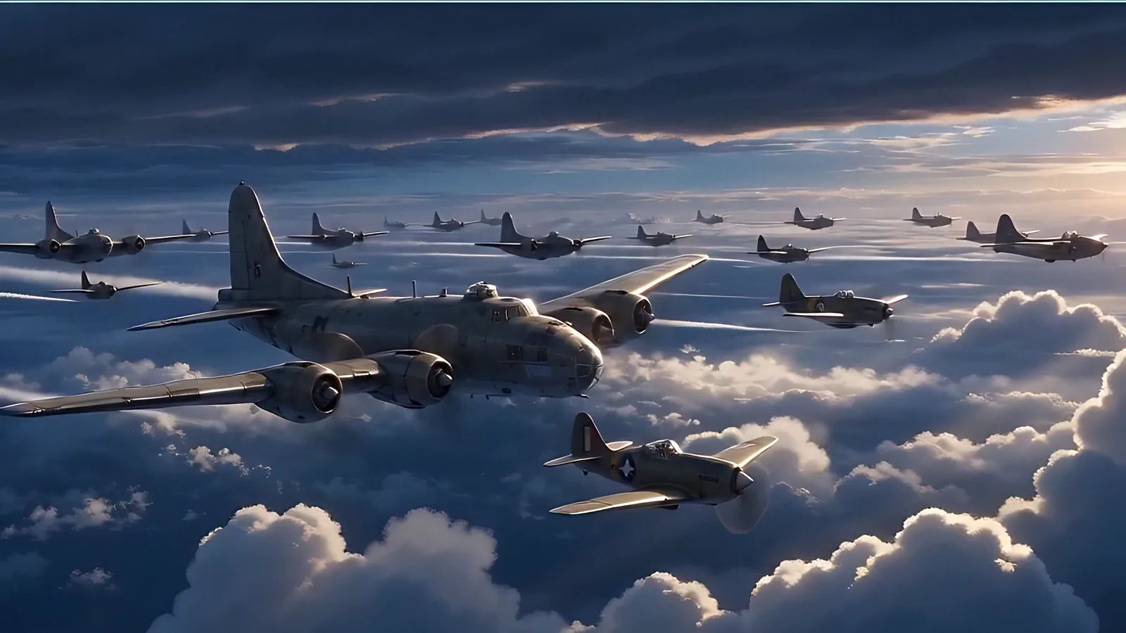 A large formation crosses above sunlit clouds.