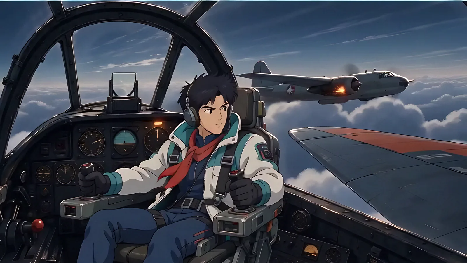 A pilot flies beside another fighter above the clouds.