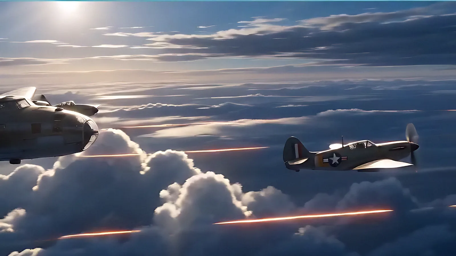 Tracer fire crosses the sky beneath two fighters.