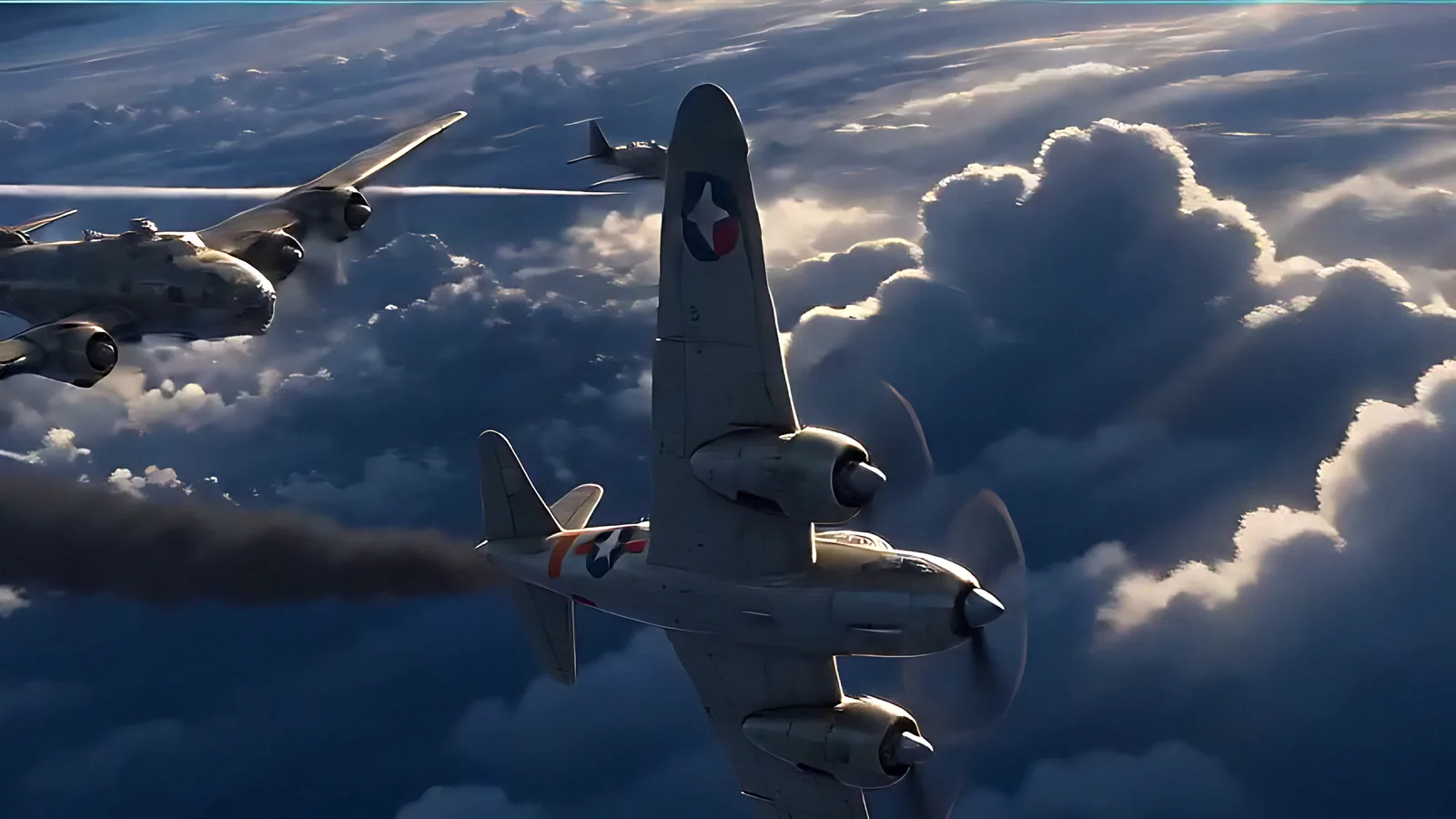 Aircraft bank over a towering cloud bank.