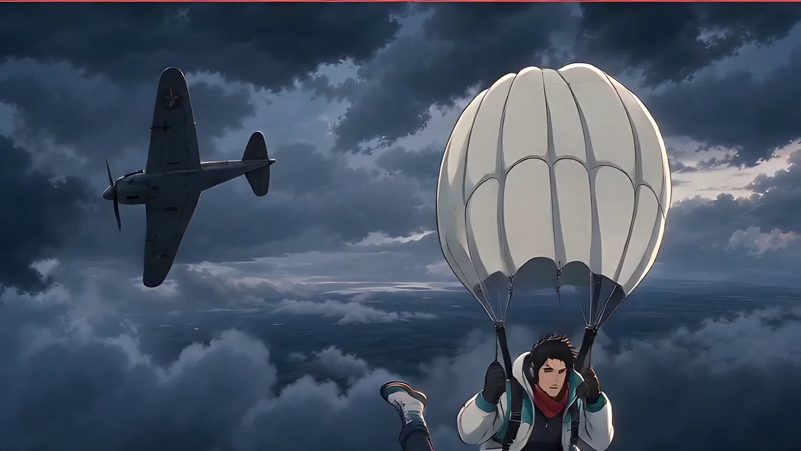 A round parachute opens beneath a passing aircraft.
