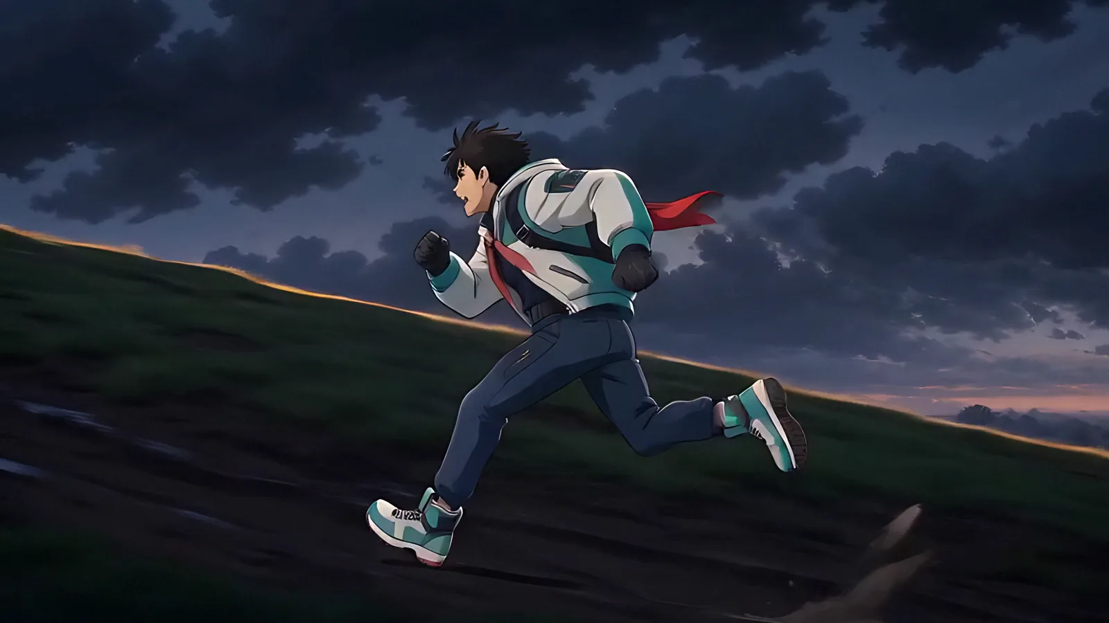 A runner climbs a grassy slope at dusk.