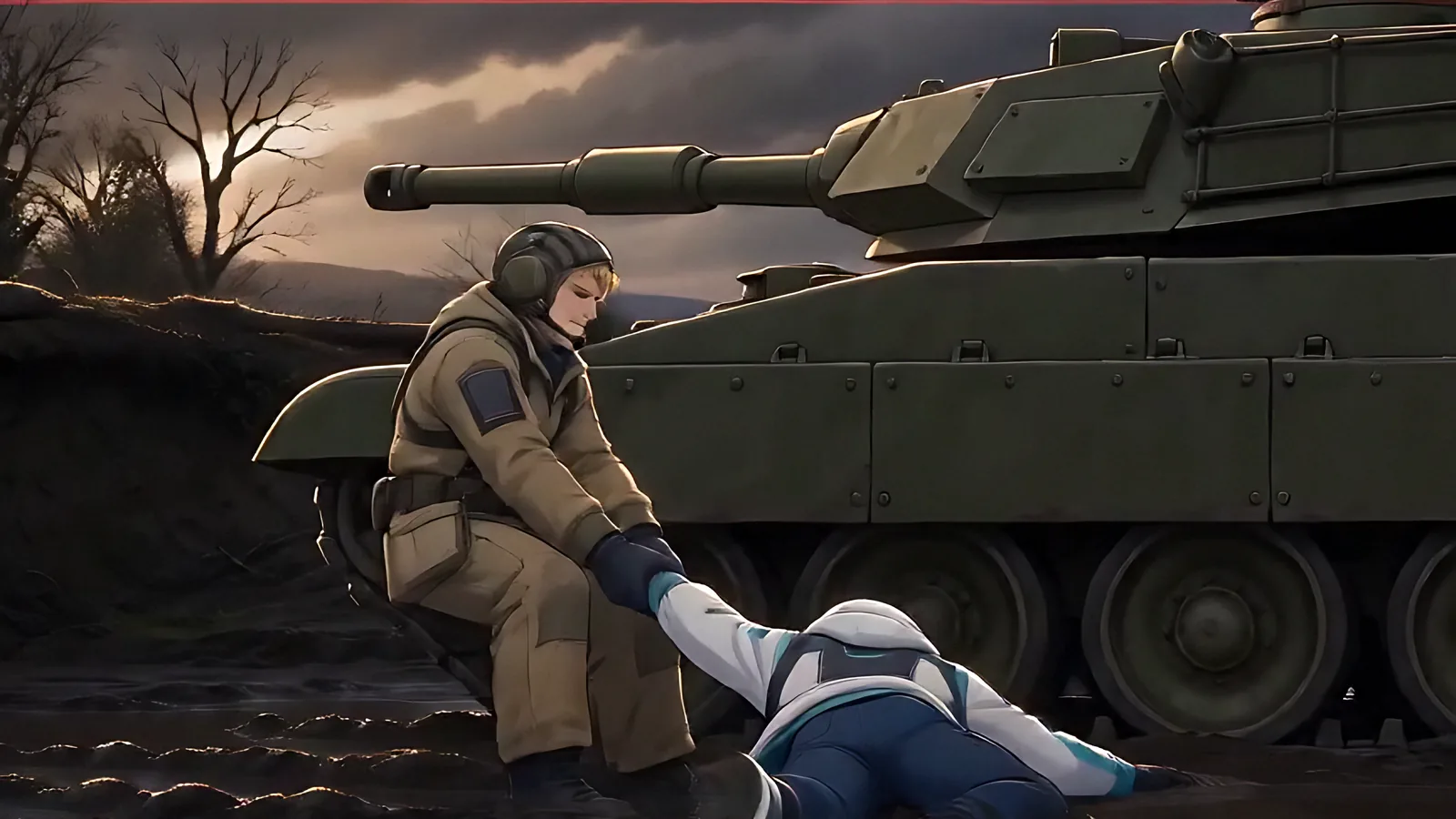 A helmeted soldier pulls an injured crew member beside a tank.