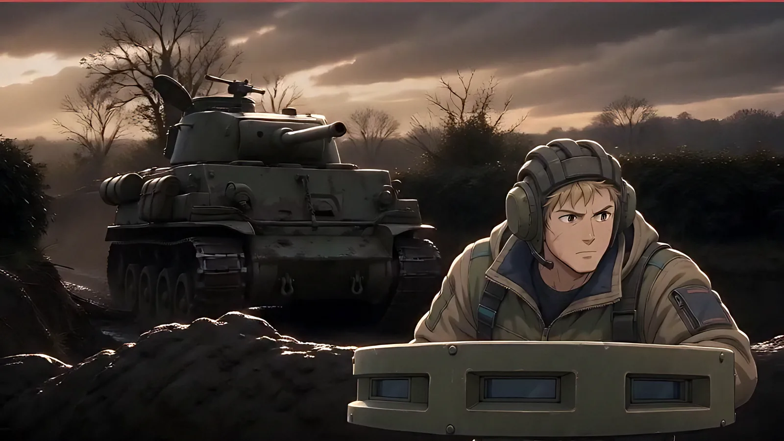 A soldier works behind cover while a tank waits on the road.