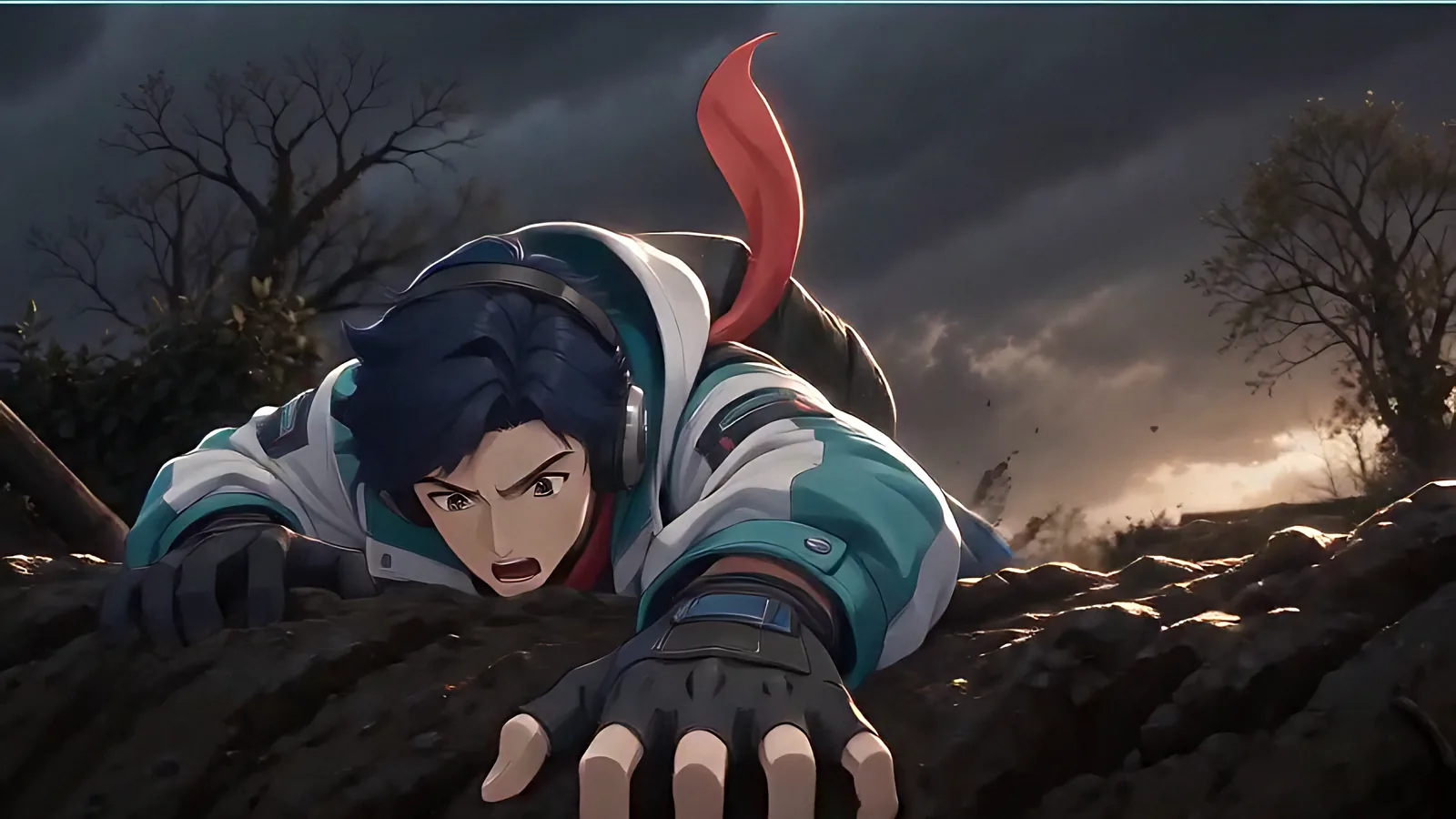 A crew member claws up from the edge of a trench.