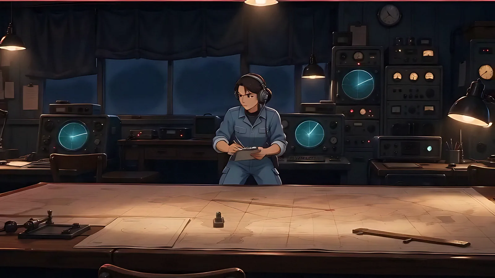 A crew member waits across a map table inside the command room.