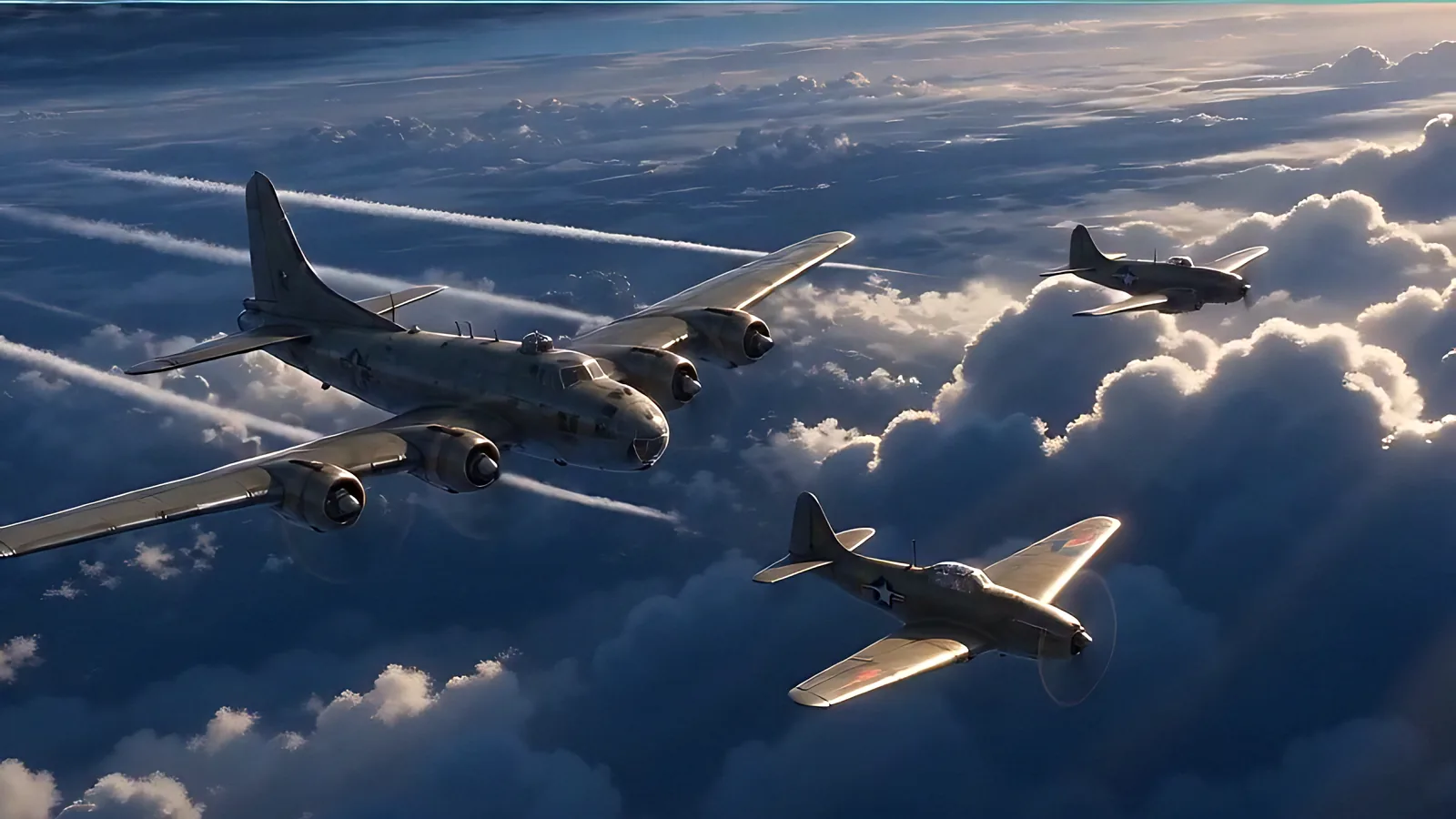 Fighters escort a bomber above the clouds.