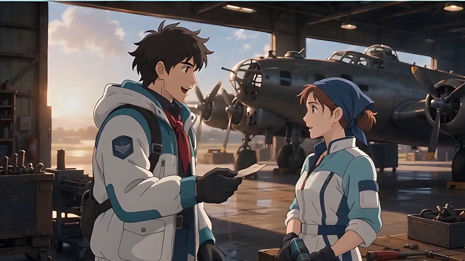 Two crew members speak beside a bomber on the hangar floor.