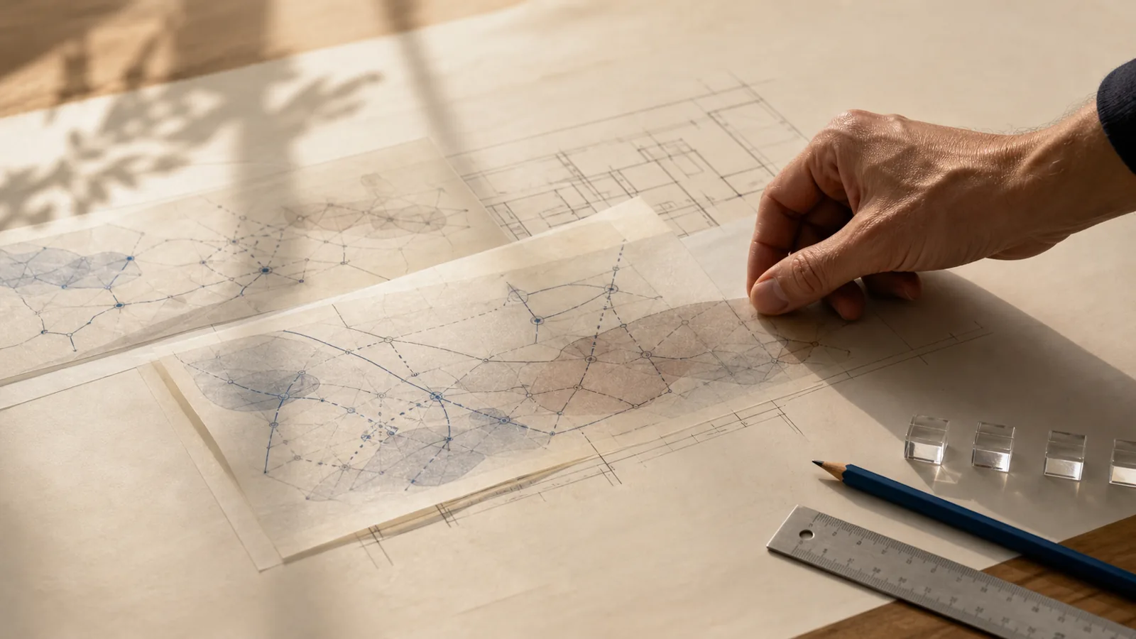 A hand aligns translucent system maps over an architectural plan.