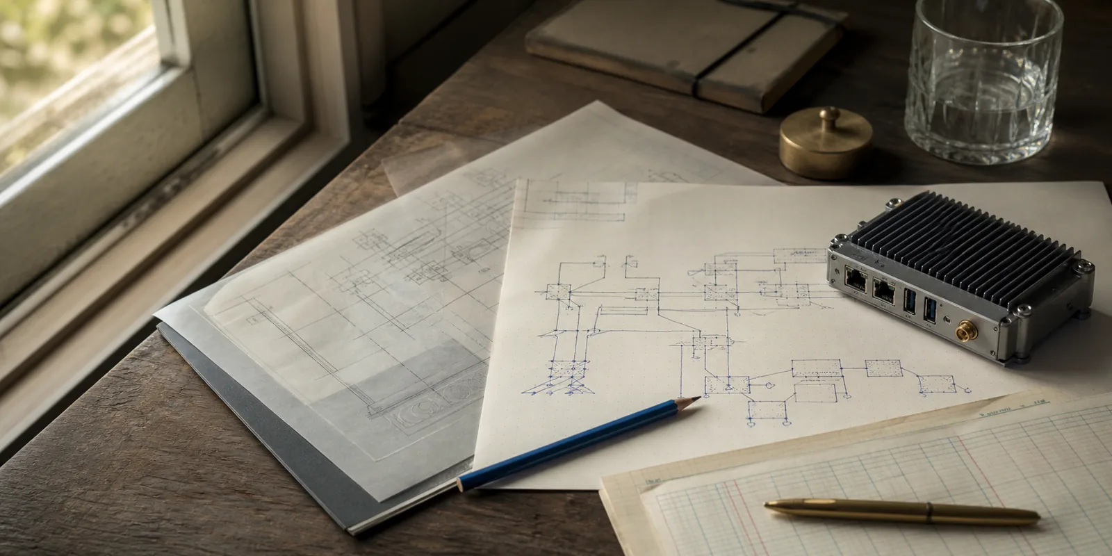 Edge-compute hardware beside layered system diagrams and a blue pencil on a sunlit workbench.
