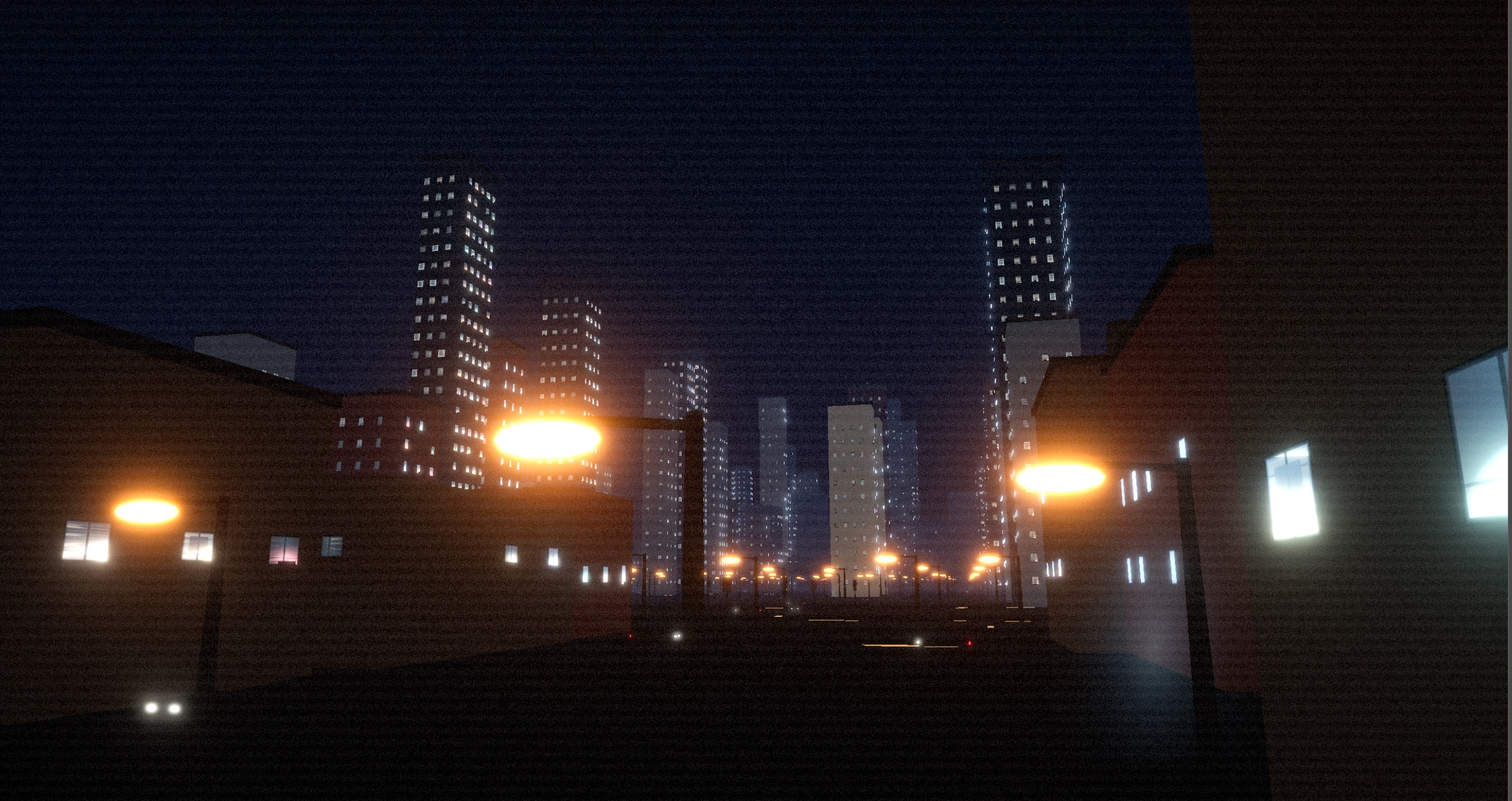 A wide browser-rendered nighttime city explorer scene with towers, elevated tracks, glowing shopfronts, street markings, and a cinematic blue-orange shader atmosphere.