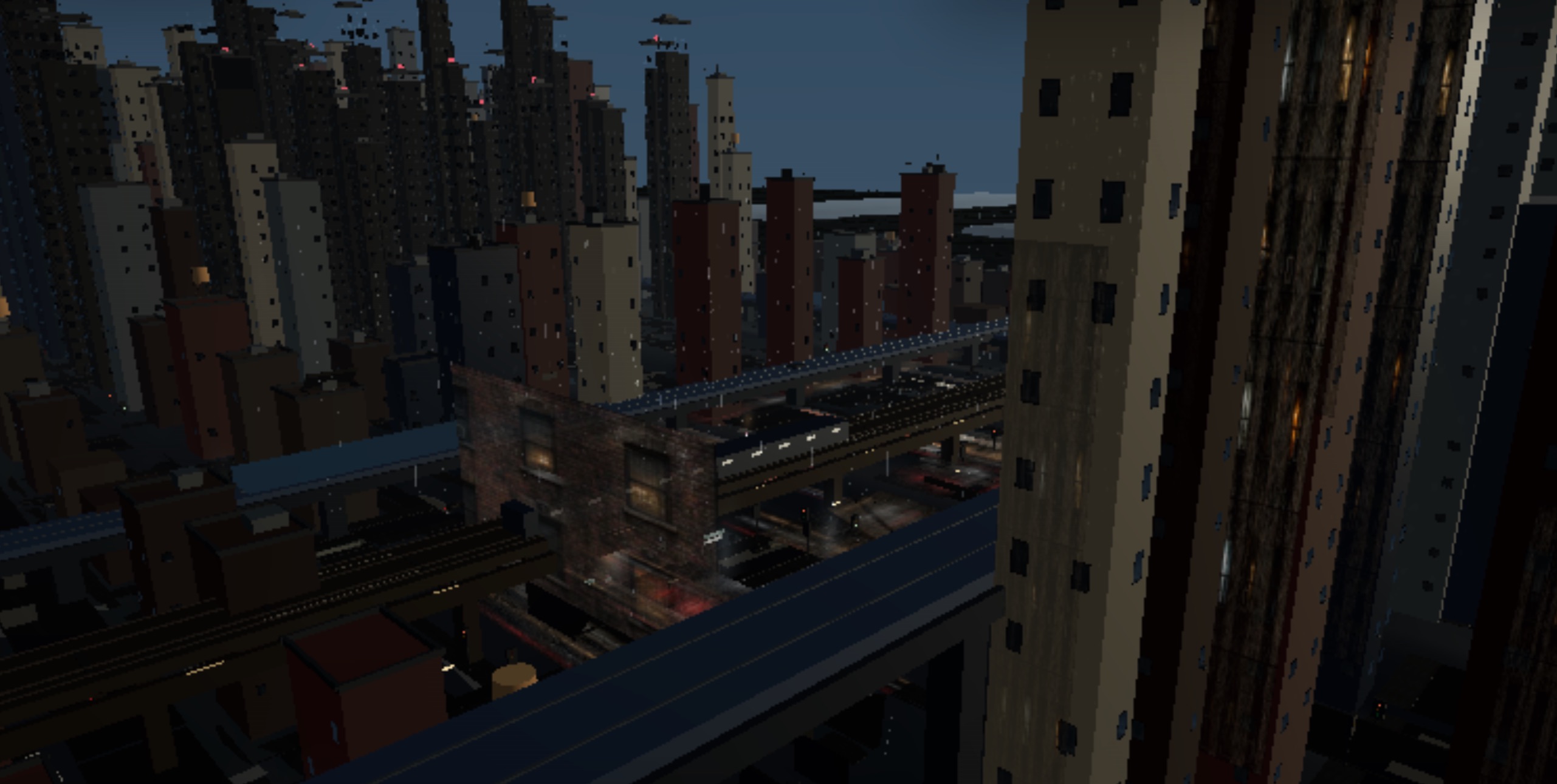 Early city-explorer capture showing a moody night street scene with cars, streetlights, signage, and an unfinished cityscape under construction.