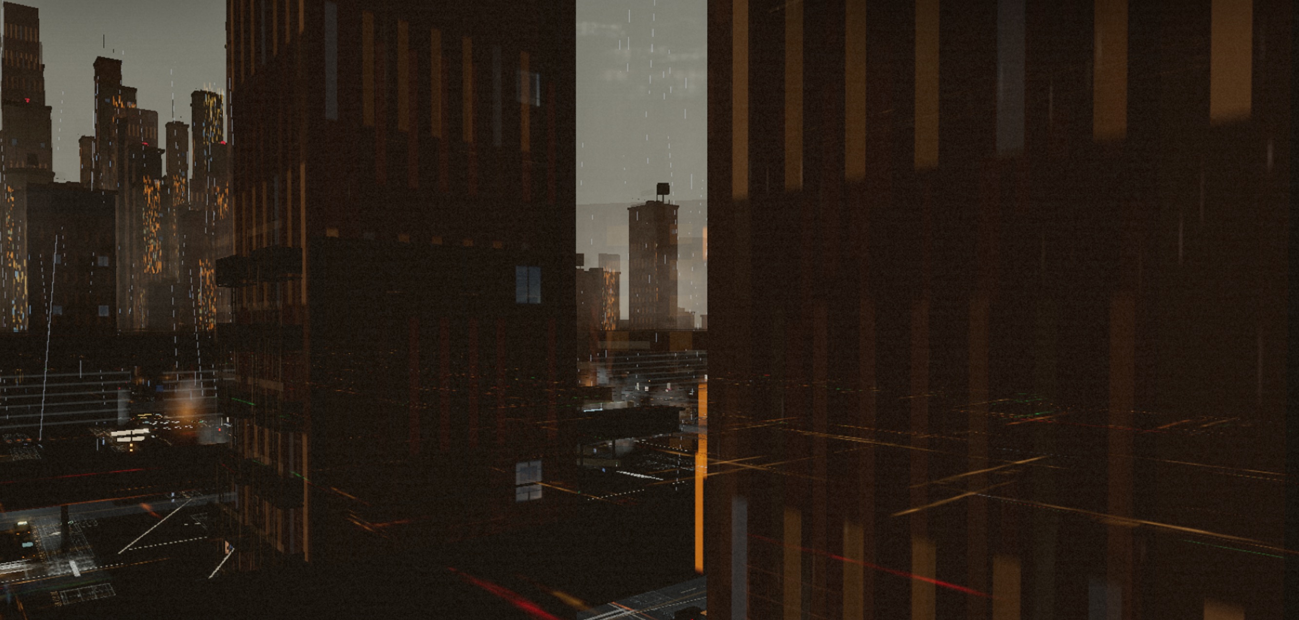 A dark, widescreen city-explorer prototype scene with dense high-rise buildings, warm window lights, rain-like vertical streaks, and hazy layered streets receding through a moody generated urban canyon.