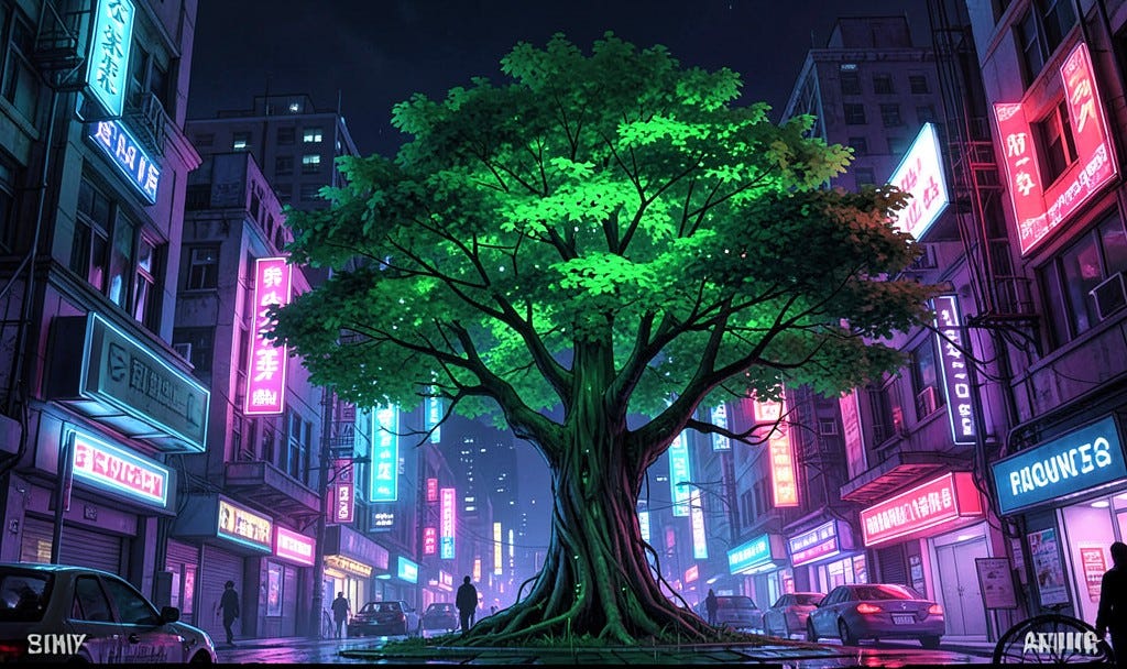 A bright green tree grows in the middle of a neon-lit city street at night.