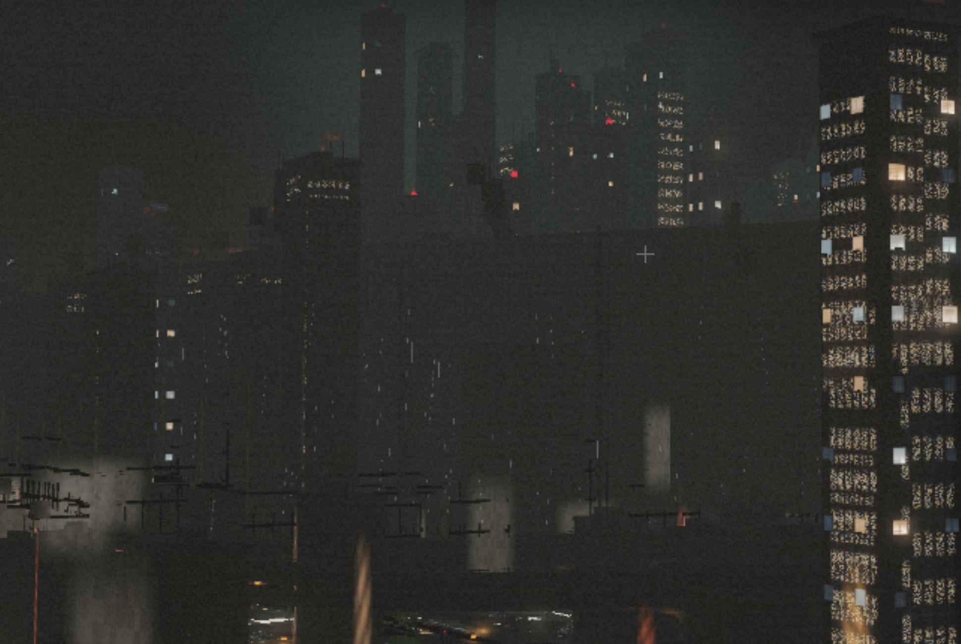 Dark, hazy generated city skyline with lit high-rise windows and visible atmospheric grain