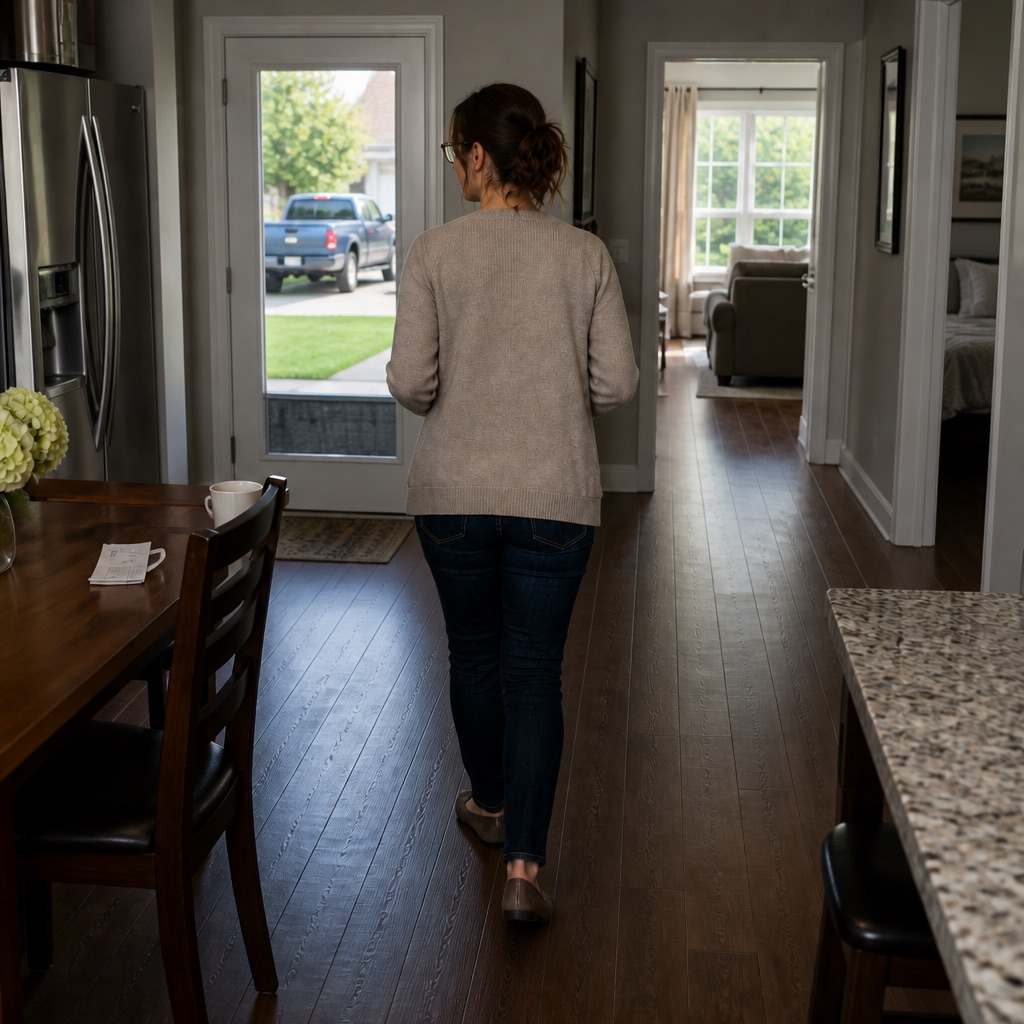 Generated frame of a woman seen from behind walking through a kitchen and entry hallway toward a glass front door, with a refrigerator, dining table, living room, and parked truck visible.