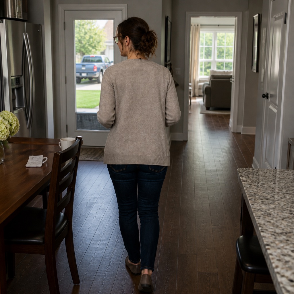 Generated frame of the woman walking near the kitchen table and granite counter toward the front door in a suburban interior.