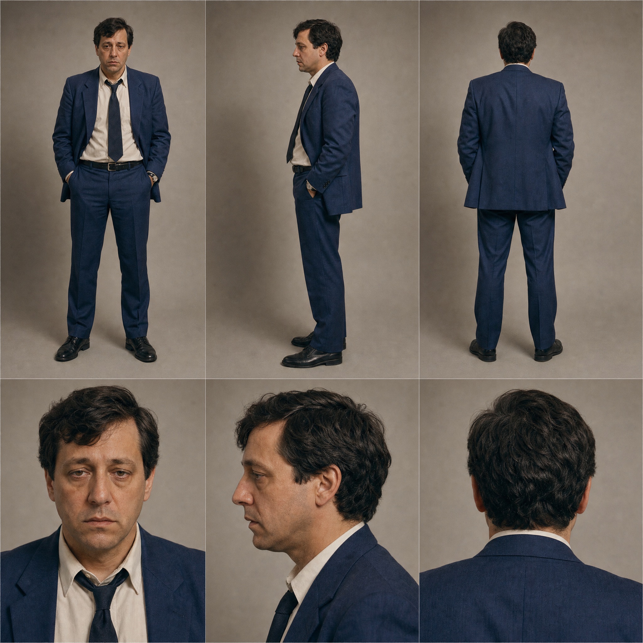 Generated character reference sheet showing John in a blue suit from front, side, and back views, with matching close-up head turns against a neutral studio background.