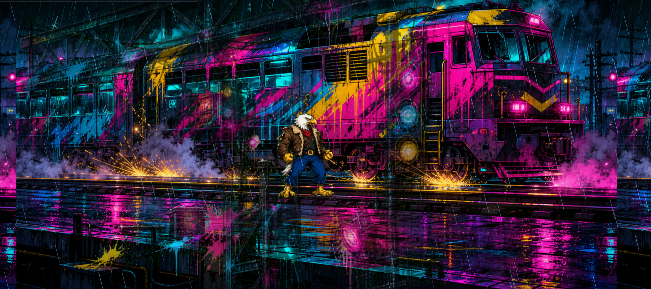 A neon magenta, yellow, and cyan train in heavy rain with a small eagle-headed figure standing near the tracks