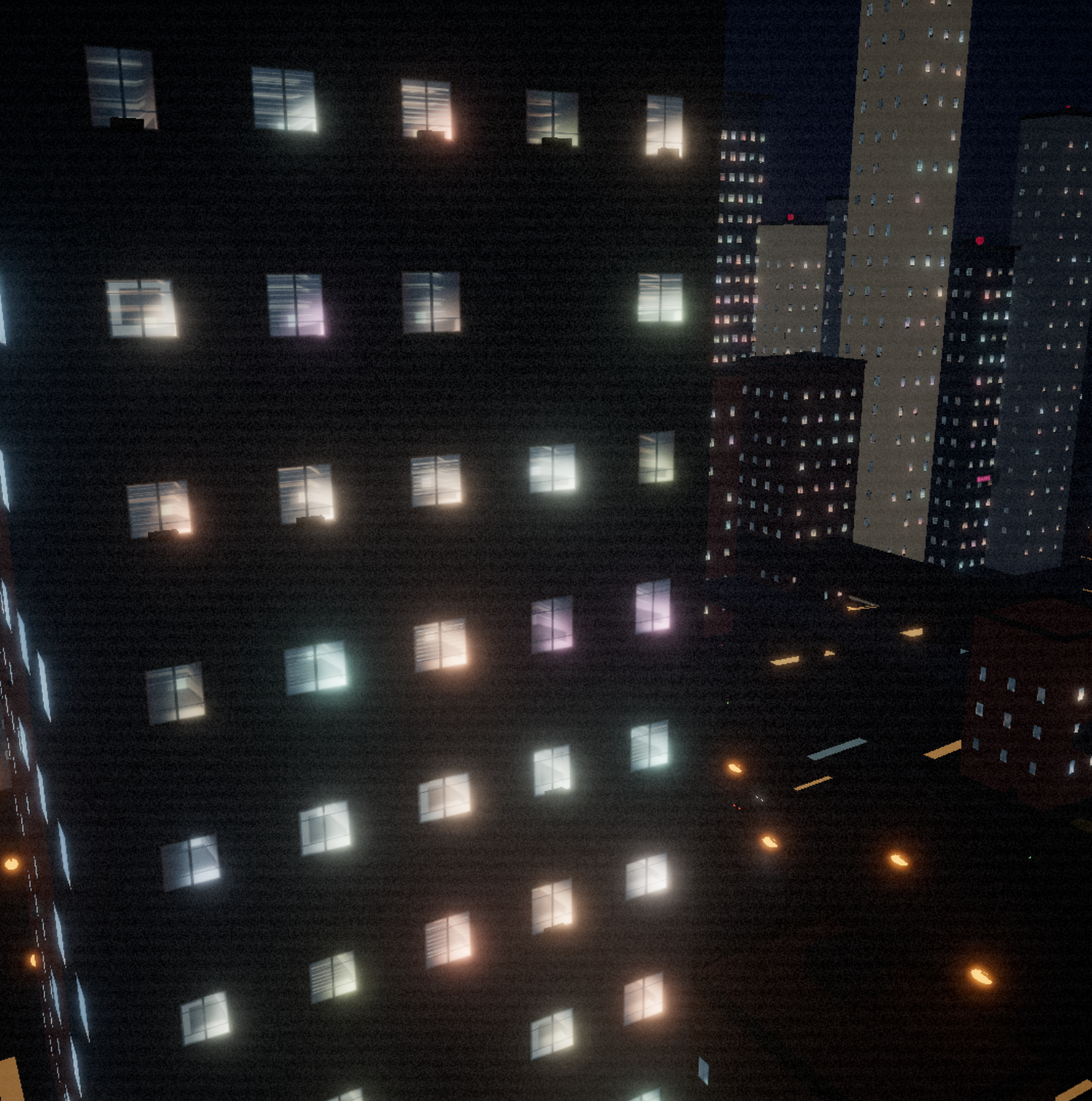 Nocturnal browser-rendered city scene with dark apartment towers, glowing windows, distant high-rises, street lights, and a grainy shader-like atmosphere.