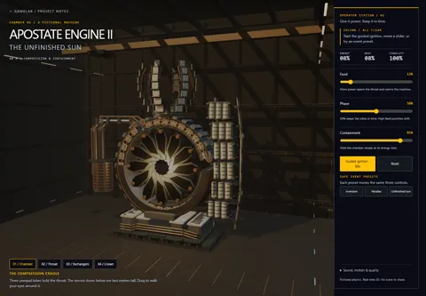 The Unfinished Sun engine inside its chamber, with a segmented iris and tall ceramic exchangers.