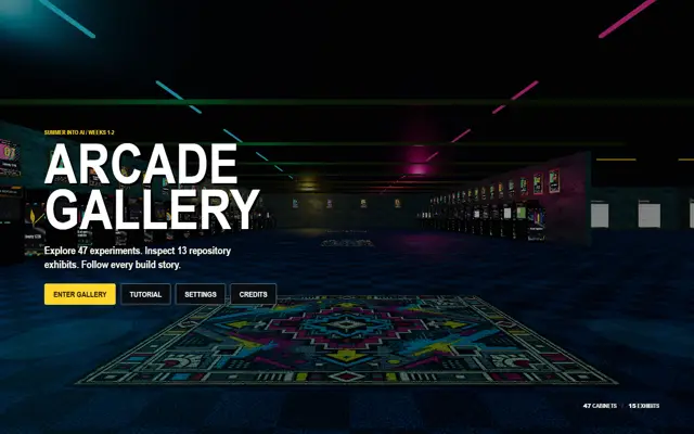 A street of glowing arcade exhibits inside Arcadia.