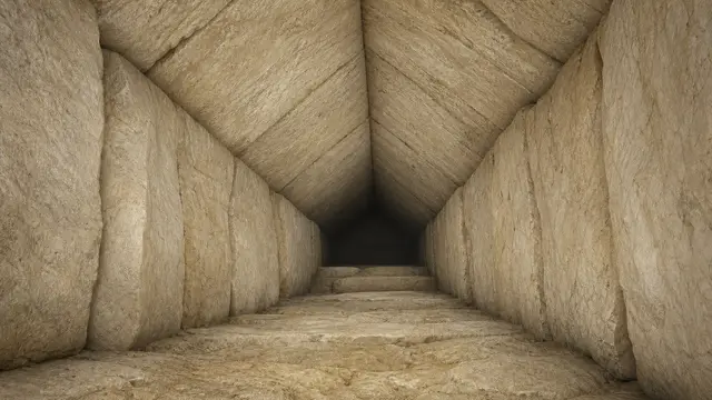 A stone corridor in the Khufu pyramid reconstruction.