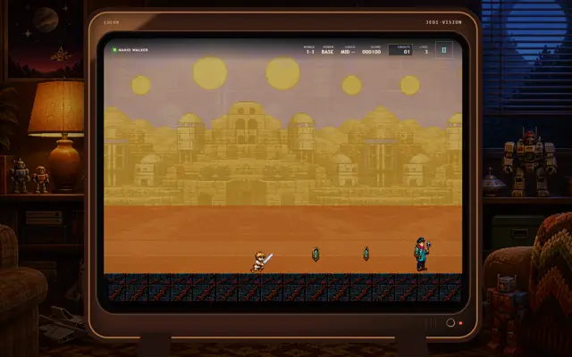 Luke explores a side-scrolling stage in Mario Walker.
